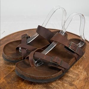 Mountain Sole Sandals Wm 9 Brown Leather Toe Loop Strappy Slide Boho
